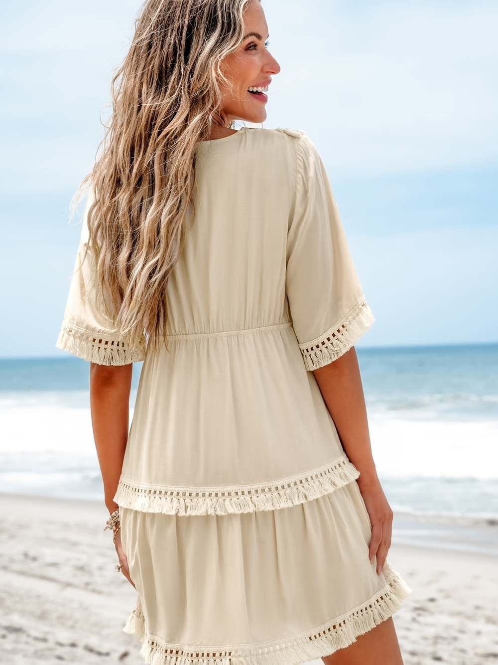 Cupshe Small Beige Plunging Half Sleeve Tassel Mini Dress - Picture 2 of 3